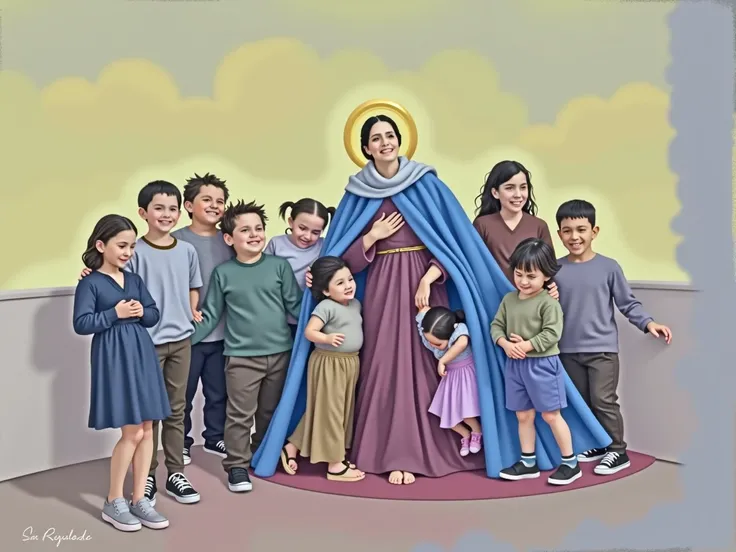 Improve image to photo version. realistic and idealized. Virgin Mary with blue cloak and red tunic. hugging children