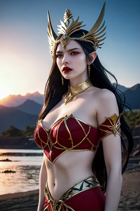 "a stunning, high-definition fantasy character standing in a serene outdoor setting at sunset, with distant mountains and a calm...