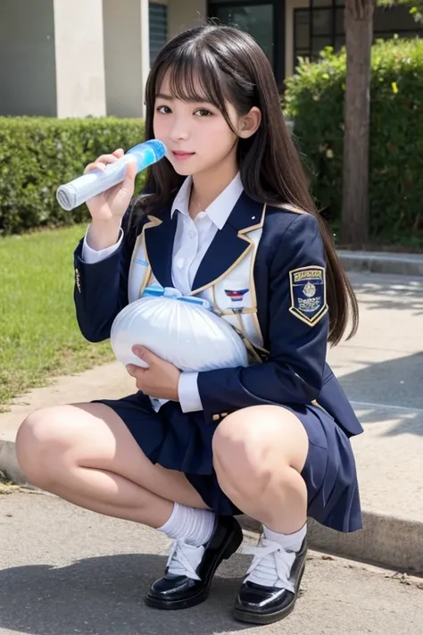 High school girl pregnant in uniform squatting with water flowing from her pussy