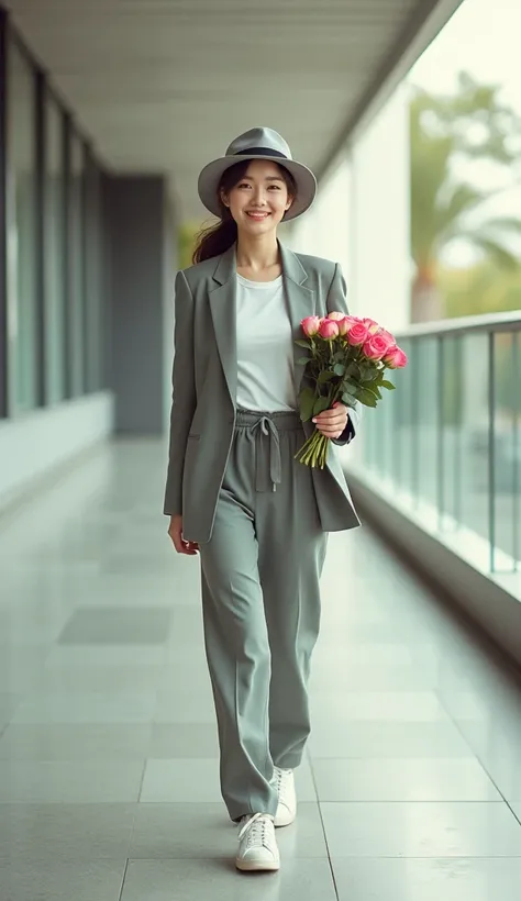 Cinematic photo of a full-length portrait, blending modern art and photography styles. Subject is a pretty lady in a casual suit and sneakers, with a ponytail tucked into a hat. She walks confidently along a corridor beside a building, holding a bouquet of...