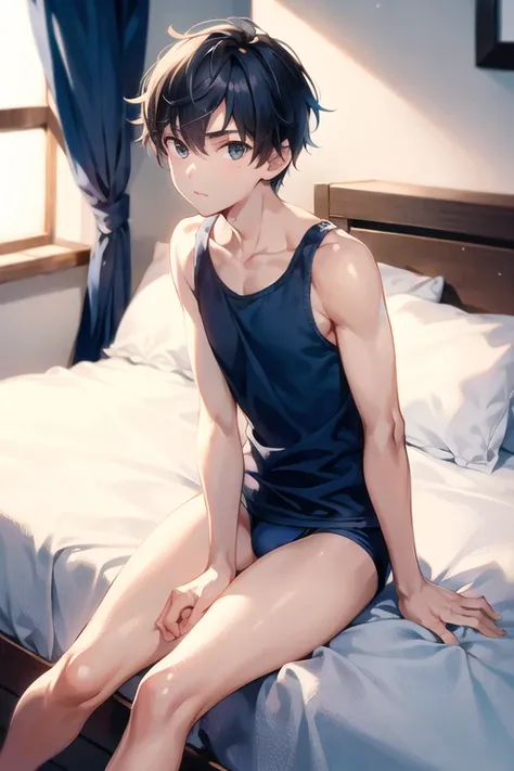 a teenage boy wearing a navy blue long tank top and briefs, sitting on a bed, beautiful+cute