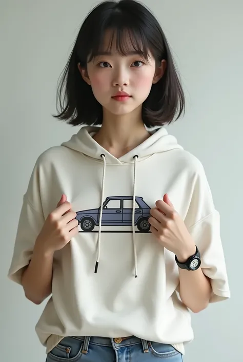 Car hoodie short sleeves unbranded one girl wife G-SHOCK watch wearing hands up showing armpits Japanese girl