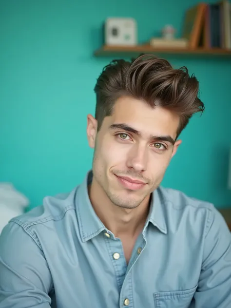 young man with brown hair smirking in his bedroom,  stock photo

