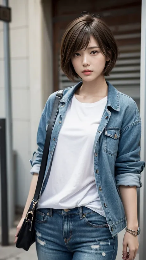 High resolution, masterpiece, Anatomically correct, Best Quality, Ultra high definition, Textured skin, solo, Look at, woman、((Very Short Hair)), Cool look、Harsh eyes、boyish、American casual fashion、Street Snap、