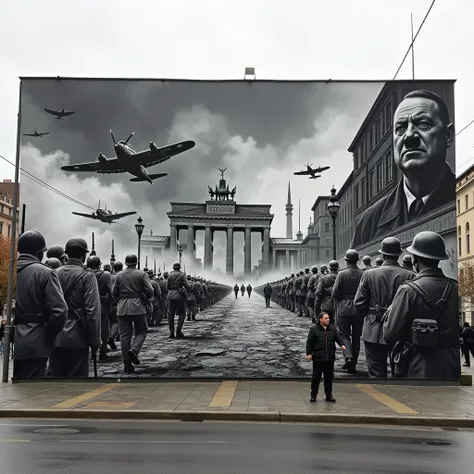 Background of the decisive battle of World War II，Murals in Berlin，black and white mural，The mural reads in German：Berlin、Final Battle，Mural with German aircraft from World War II、German battleships of WWII、WWII German Soldiers、WWII German Reichstag，Adolf ...