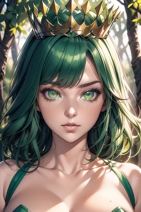 Close-up of an improved masterpiece:1.5)0.9], (Green Forest and Green Queen:1.2) (Messy green hair:1.1) (heterochromia: xanthochromia and green eyes:1.2) (Crown of greenfin plumage:1.0) (Colourful stars in the eyes:1.0) (A radiant glow:1.1) (Thick lips:0.9...