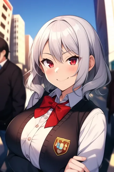 best quality, ultra-detailed, extremely detailed C, anime, 1 girl, solo, solo focus, short hair, silver hair, wavy hair, tired hair, red eyes, tsurime, POV, dutch angle, large breasts, determined, standing, In the city, blurry background, street style, ove...