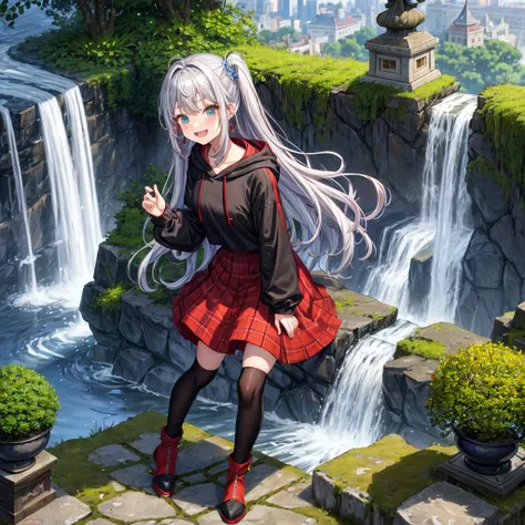 Rainbow red and silver hair、Rainbow Eyes、Wavy Hair、Hair tied up、Two cute、Checked mini skirt、Black T-shirt、Long sleeve、wearing a hood、Black knee-high socks、Teeth are visible、Ice Castle、Tilting face、lawn、In front of the city gate、The stone is cracked、Uneven ...