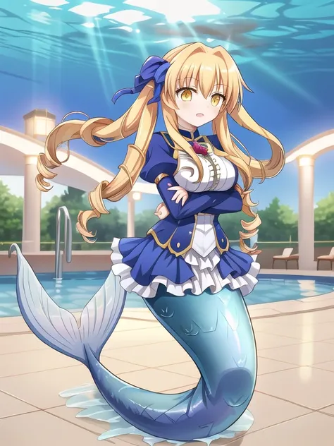 fate mermaid Luviagelita Edelfelt-Astraea lora fate Grand Order Lora, long blonde hair, long twintail drill hair, yellow eyes, large breasts, underwater pool,