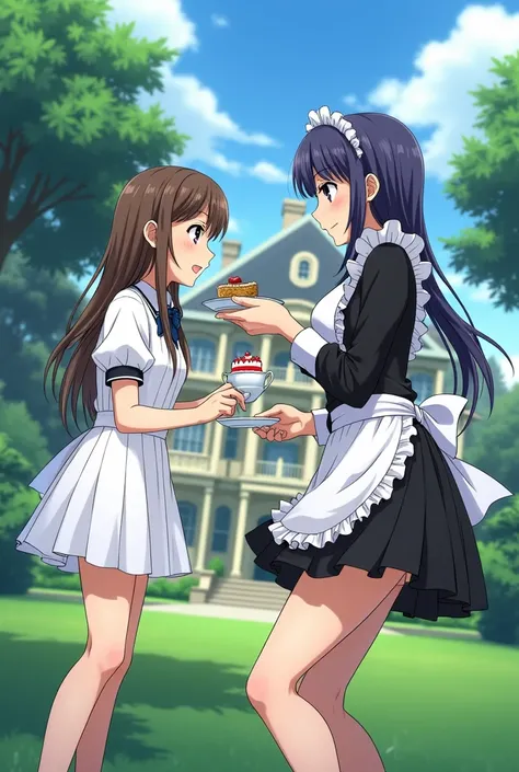 anime、Elementary school girl、Elementary school maids drinking tea outside a large mansion。The woman is wearing a white dress。The maid was wearing a black maid outfit.、Thong panties are visible。The maid is about to feed the young woman cake.。　The maid doesn...