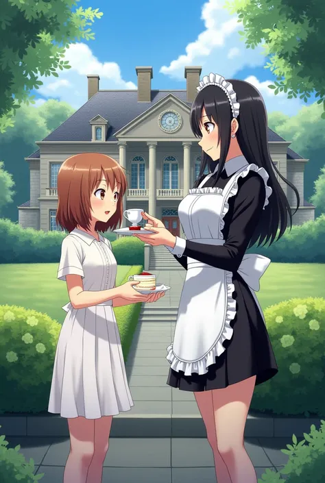 anime、Elementary school girl、Elementary school maids drinking tea outside a large mansion。The woman is wearing a white dress。The maid was wearing a black maid outfit.、Thong panties are visible。The maid is about to feed the young woman cake.。　The maid doesn...