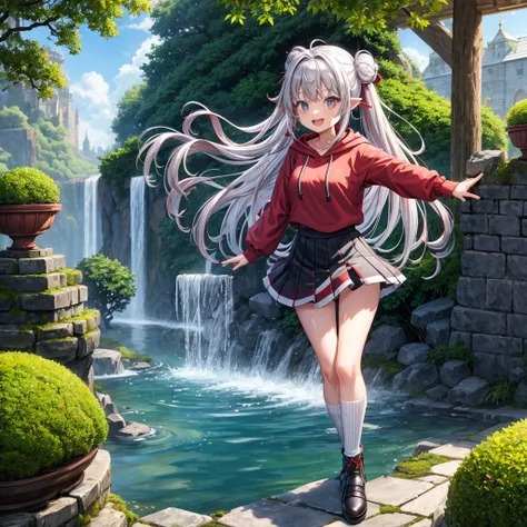 Rainbow red and silver hair、Rainbow Eyes、Wavy Hair、Hair tied up、Two cute、Checked mini skirt、Black T-shirt、Long sleeve、wearing a hood、Black knee-high socks、Teeth are visible、Ice Castle、Tilting face、lawn、In front of the city gate、The stone is cracked、Uneven ...