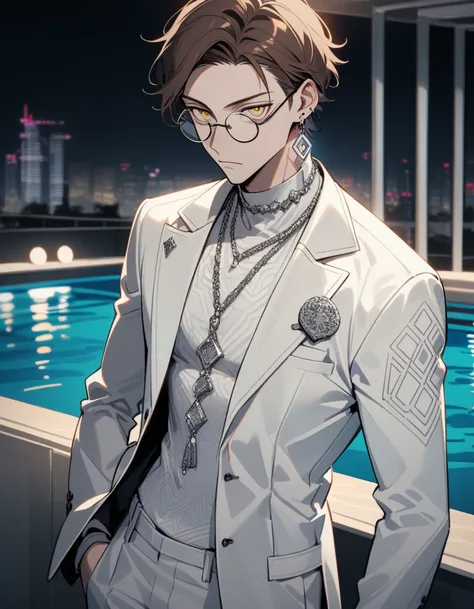 One Person, Full Body, Adult Male, Brown Hair, Short Hair, Light Yellow Eyes, Black Round Glasses, Six-packs, White Suit, Poker Face, Night Pool, Helix Earrings, Silver Necklace, Upper Body Exposed, White Short Pants, Rune Motif on Suit, All White Scheme,