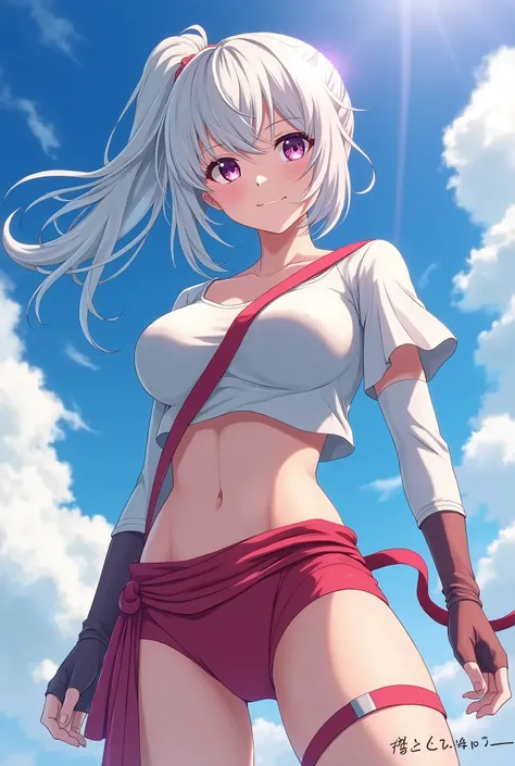 HD、Animation style、white hair 、Purple Eyes、girl、huge breasts 、High school student 、single ponytail、Baseball player、Light color short sleeve top、Long sleeve red underwear、Good shape、Thin、sash、Sky、cloud、sunny、plump breasts、Navel exposed、dazzler、Breasts expos...