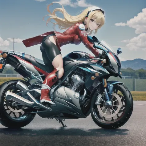 masterpiece,best quality,1girl,(((motorcycle))),jump,(frown:0.9),smile,speed,motion lines,helmet, tumes、Blonde、Big Breasts:1.5、In underwear