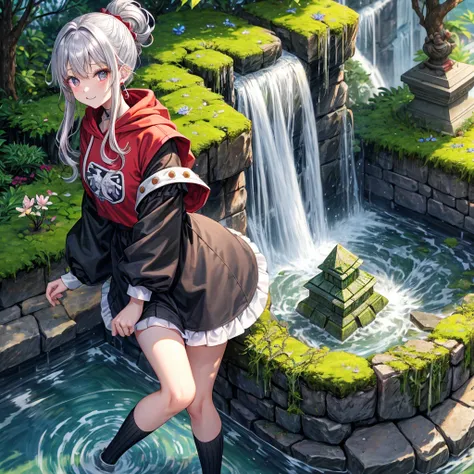 Rainbow red and silver hair、Rainbow Eyes、Wavy Hair、Hair tied up、Two cute、Checked mini skirt、Black T-shirt、Long sleeve、wearing a hood、Black knee-high socks、Teeth are visible、Ice Castle、Tilting face、lawn、In front of the city gate、The stone is cracked、Uneven ...