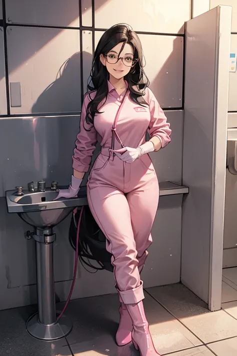 A mature woman with glasses and black hair in a long sleeve jumpsuit, wearing long pink rubber gloves and white boots, cleaning a dirty station toilet with a smile