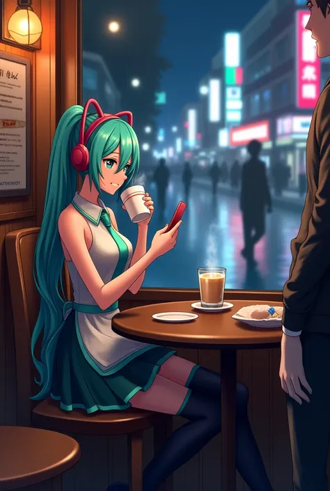 Hatsune Miku is wearing headphones and drinking hot cocoa in a cafe while swiping her mobile phone. Outside the window is a street on a rainy night. There is a waiter next to her.