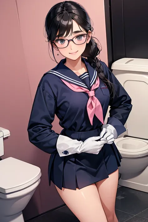 A high school girl with glasses and black hair tied up in a long-sleeved, long-skirted, navy blue sailor uniform is wearing long pink rubber gloves and cleaning a dirty school toilet with a smile