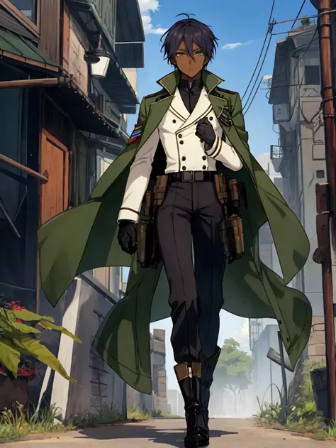 1boy, green eyes, full body, dark skin, anime-style, battlefield, double-breasted military jacket, coffee-color hair, boots