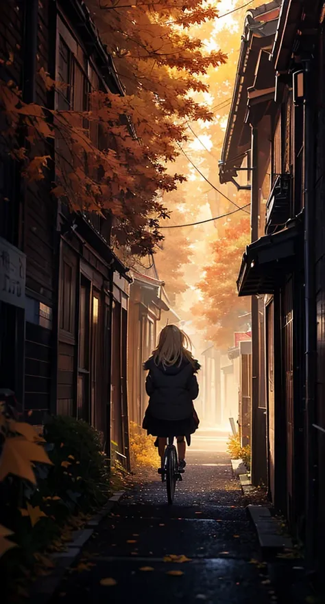 １people々,Blonde long hair woman，Hooded parka，mini skirt，Riding a bike， silhouette， Rear View， Anime Style,evening， Ginkgo Tree Line in Autumn，，night，Autumn cityscape，