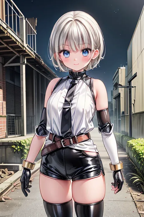 A girl is posing for a photo, animeのcute女の子,  ((One Girl)), ((baby face:1.4)), ((cute:1.5)), 
break 

((Sleeveless high neck black rubber suit top)), ((Black rubber shorts)), ((A brown leather belt that fits snugly around the waist:1.2)), ((Black rubber ar...