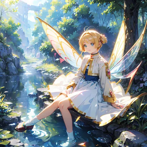 ((style:Colored pencil,Bright colors)),(anime)、(masterpiece:1.2),In the woods、Transparent and sparkling fairy wings、Fairy Girl、blonde、blue eyes、Hair Accessories、stream