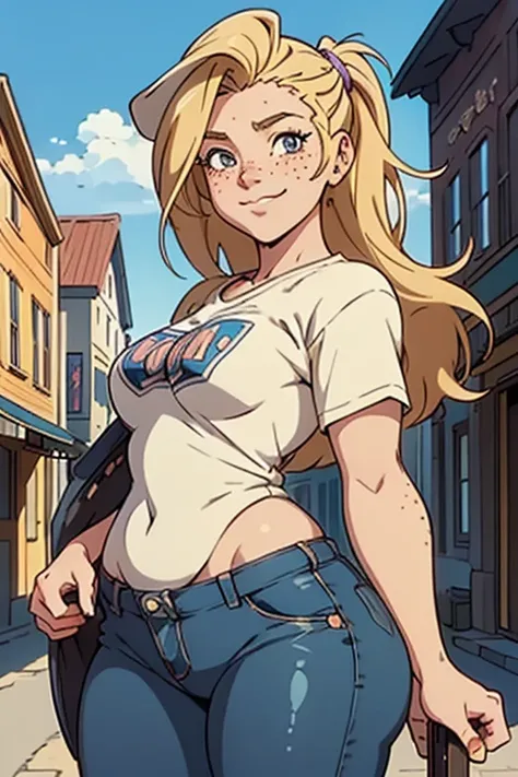 1girl, (solo:1.2), (standing:1.3), (freckles:1.2), (posing for the camera:1.3), (cowboy shot:1.5), smile, happy, playing guitar, (masterpiece:1.3), (best quality:1.3), (perfect anatomy:1.4), highly detailed, vibrant colors, warm palette, expressive, solid ...