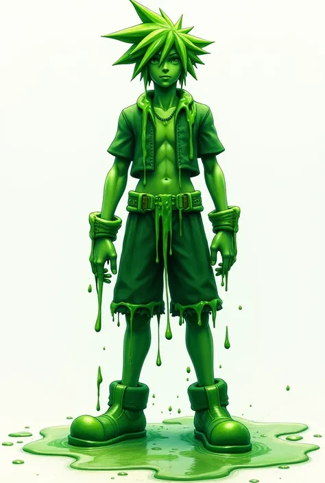 Sora from Kingdom Hearts 3 as a silhouette-like figure completely enveloped in green slime from head to toe, in a more realistic technical drawing of a real person with enhanced light and shadow effects, black and white watercolor style with only green col...