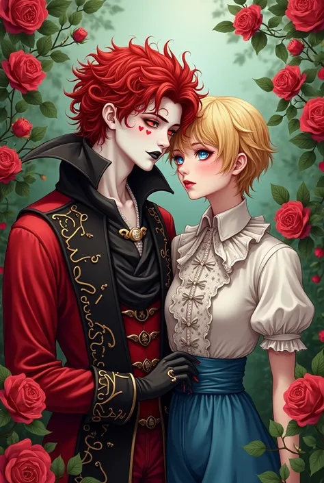 illustration in a garden of red roses two happy boys a seventeen year old prince with curly red hair, red eyes, Black Lipstick,  pale white painted skin, red hearts under eyes wearing red prince clothes, black with letter details. look at roses for your lo...