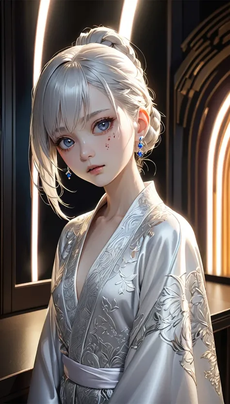 (Best Quality, masterpiece:1.2), Ultra-high resolution, Realistic, Front lighting, Intricate details, Exquisite detail and texture, One girl, Alone ,(young), Face Enhancement, Upper Body, Detailed face, Scar bruise, white skin, Silver Hair, ponytail, Braid...