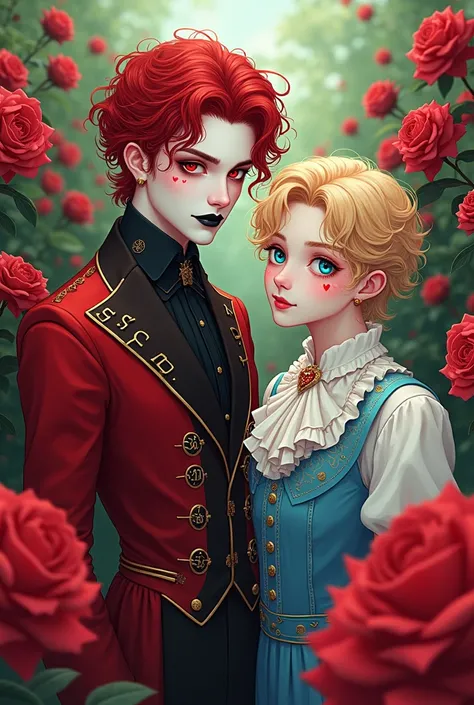 illustration in a garden of red roses two happy boys a seventeen year old prince with curly red hair, red eyes, Black Lipstick,  pale white painted skin, red hearts under eyes wearing red prince clothes, black with letter details. look at roses for your lo...