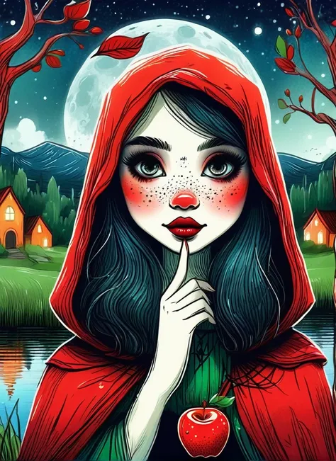 Cartoon hand drawn, 1girl, solo, Cute young charming little red riding hood girl，Strong Gothic makeup, A village by the lake with a birch forest and an apple orchard，Starry nights，Gloomy and foggy atmosphere，The cute absurdity、The attraction and rejection ...