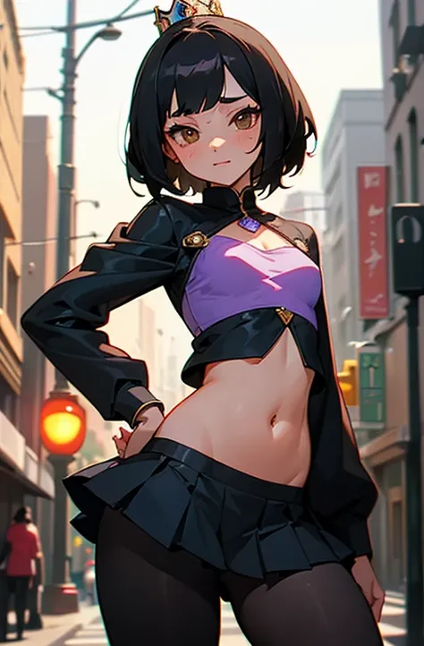 Cute young woman, Short black hair, Brown eyes, Queen,Pleated skirt suit,Street lamp,neon,Busy street background,(belly button:1.1,Princess Eyes), Noble,  High image quality, masterpiece, Very detailed.((Small breasts)).((sexy)).((Cute pose)),((Modern)).