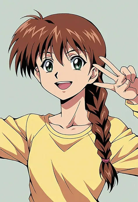 1girl, solo, miyanoshitasatsuki, brown hair, green eyes, single braid, long hair, yellow shirt, long sleeves, raglan sleeves, ma...