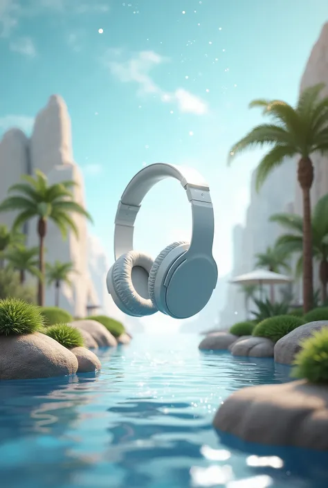 C4D modeling，OC rendering，White headphones floating in the air，Desert oasis in the background，Supernatural scenery