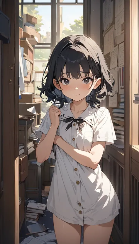 masterpiece, Best Quality, High resolution, Super detailed, Anime Style,  Fantasy, Occult Research Society, One Girl, solo, Cowboy Shot,  Cute face, Small breasts, Short wavy black hair, break, Dark Eyes, break, School, indoor, 