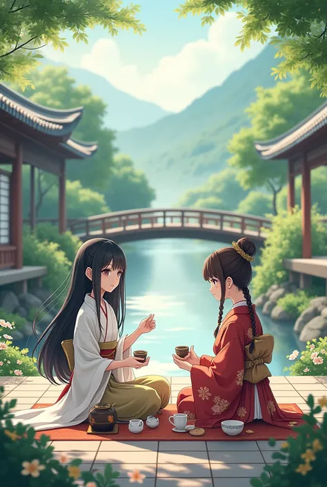 Anime: A young lady in a kimono, a female servant in a kimono, holding a tea party outside in a Japanese-style mansion. The young lady has long black hair, while the servant has brown hair in braids.