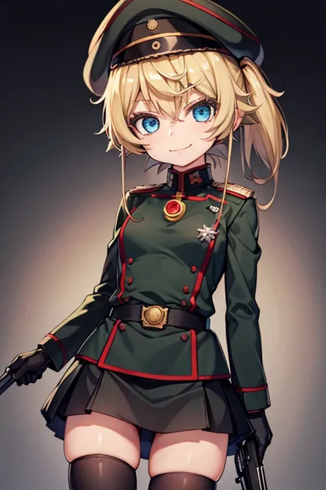 Tanya、girl、One person、small、small胸、、Wicked Smile、Highest quality、beret,(black military uniform:1.3),skindentation,thigh strap, thighhighs,gloves, gun, large breasts,(skirt with slit:1.2)