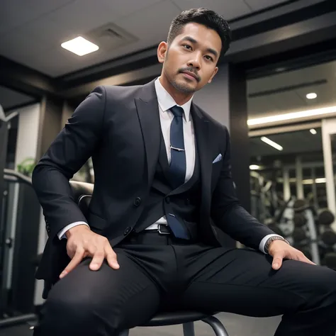 40 years old、One Man、gym、Sit on a chair、Black Suit、Very short オールバック、Sri Lankan　Stubble、Gay、The crotch of my pants is bulging。Menacing look　View from below