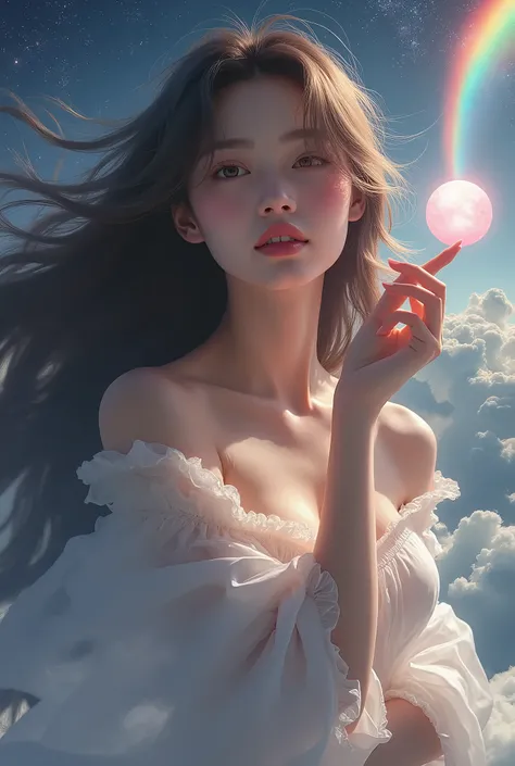 (ultra quality )(photorealism:1.2),. Sexiest cute asian girl, (( girl flying out side universe  space )), one pink very very small odni, brownish white long hair, ((colourless clothes))(((girl touching to rainbow)))((((Full NAKED))))