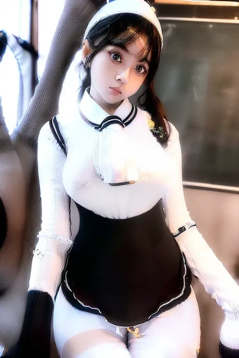 (1 Slim girl), (vulgar) 、(masterpiece) 、(High resolution),Best Quality、 Big Eyes,Look away、 (Sexy pose:2.0)、(baby face:1.4)、(Girl age 13:1.8)、Brown hair ponytail、(White school uniform blouse and black knee-high socks:1.8)、sweat、No bra、(Model-like slim legs...