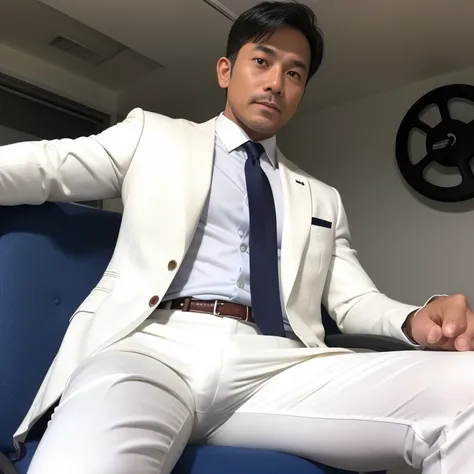 40 years old、One Man、gym、Sit on a chair、White Suit、Very short オールバック、Sri Lankan　Stubble、Gay、The crotch of my pants is bulging。Menacing look　View from below