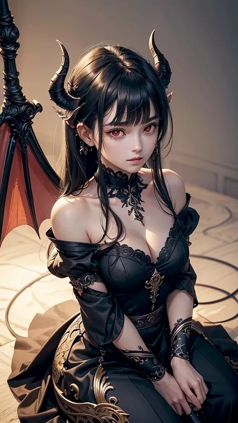 (masterpiece), (best quality), (detailed), light layer, lustrous skin, (intricate detailed , taut clothes, , demon wings,hair ornament :1.2), from above, black hair, black choker, long hair, hime cut, woman, blunt bangs, sidelocks, red eyes, holding quarte...