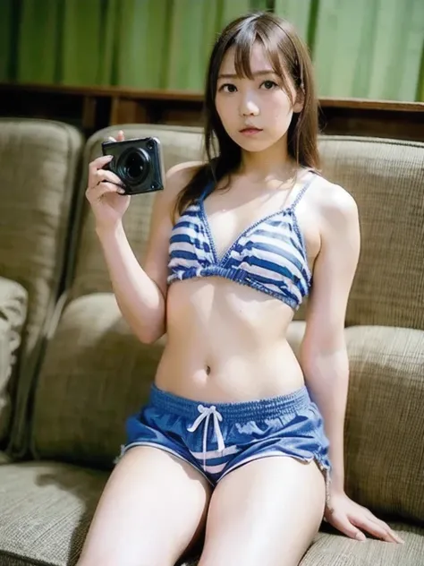 An Asian woman in her 30s taking a photo wearing a tight bikini and tight striped shorts, Young slim gravure idol, Young and beautiful gravure idol, realistic Young Gravure Idol, Young and sensual gravure idol, Ayami Kojima, Kimi Takemura, Young Gravure Id...