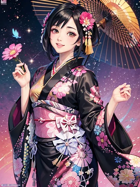 (Best Quality, masterpiece, High resolution, 8k, official art), (Kimono), Beautiful woman in kimono, Colorful kimono with vibrant patterns, Amazing digital illustrations, Beautiful smiling woman, The upper white teeth are visible, Colorful ukiyo-e style an...