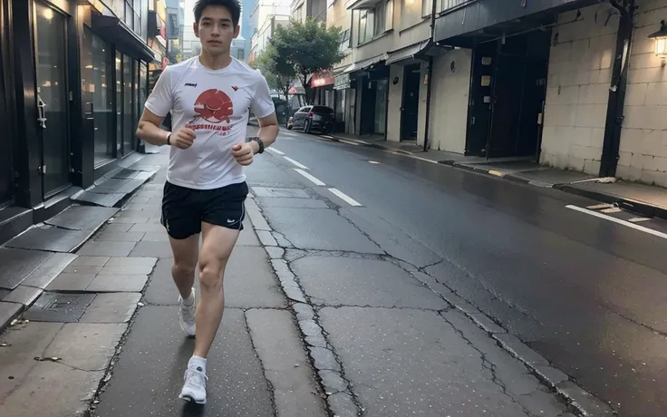 A Japanese man wears shorts for a morning jog，There is a chick pattern on the front of the pants