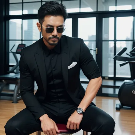 40 years old、One Man、gym、Sit on a chair、Black Suit、Very short オールバック、Sri Lankan　Stubble、Gay、The crotch of my pants is bulging。Menacing look　View from below　Black sunglasses