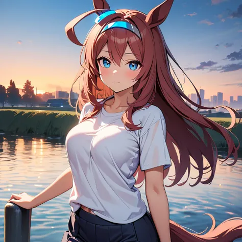 1 girl, solo, (best quality, 4k, 8k:1.4), mihono bourbon (umamusume), brown long hair, horse ears, horse tail, light blue eyes, ahoge, evening riverside, toned, busty, absolute territory, closed mouth, expressionless, casual wear