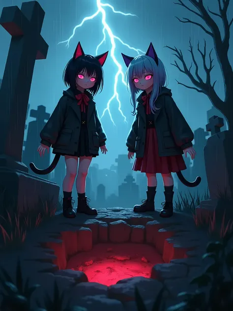 Two goth-cosplay cat-girls  a grave is being dug up in a cemetery, (different hairtsyles, different colours hairs), (emotions nervous blushed),  lightning is pouring rain, mix photo with dark fantasy, ((night time)), detailed, good quality, good render